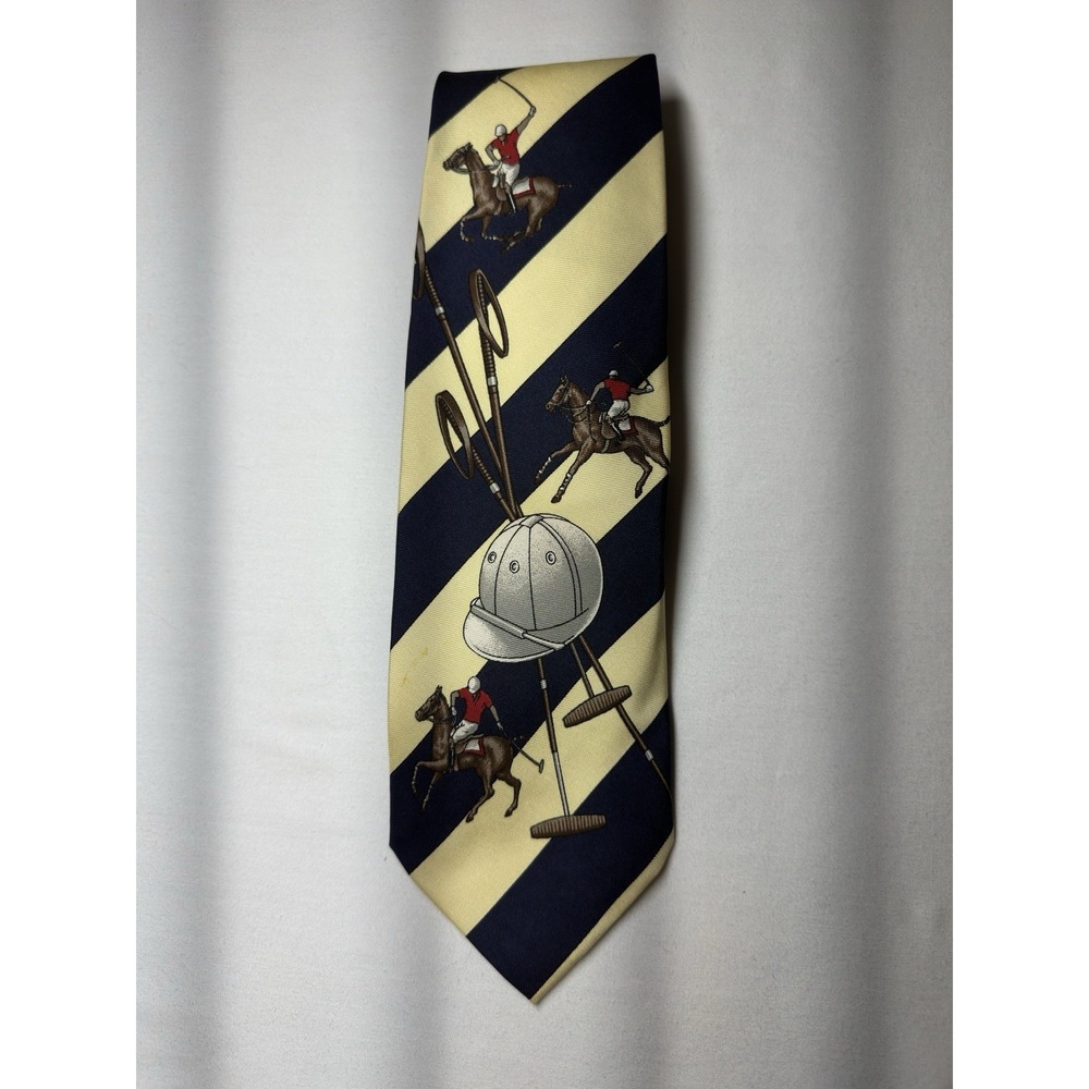 Vtg Polo Ralph Lauren Silk TieBlue Yellow Stripe Polo Player Equestrian Handmade